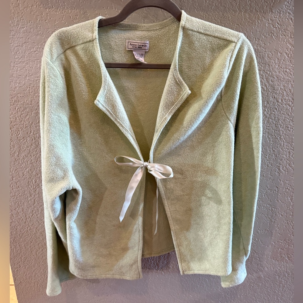 Woman’s Mint Sweater Cardigan with Front Ribbon XL by Anne Lewin New York